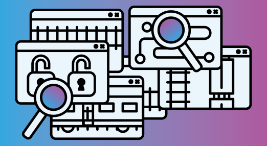 An illustration featuring multiple overlapping web browser windows against a gradient blue and purple background. Some windows display padlocks, indicating security measures, while a magnifying glass highlights a connected circuit pattern, representing investigation and analysis in the context of cybersecurity.