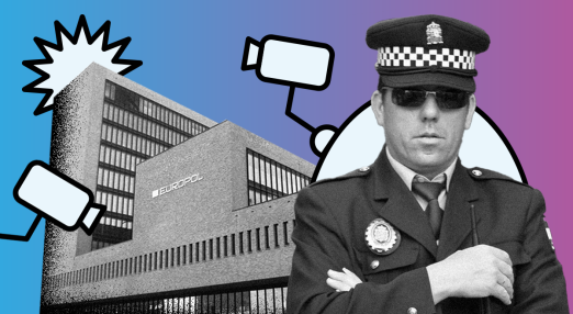 A digitally edited collage-style visual featuring a Europol building in the background, depicted in black and white. In the foreground, a police officer wearing a peaked cap, sunglasses, and a uniform with badges stands with arms crossed. The background transitions from blue to purple. Surrounding the scene are stylized, illustrated surveillance cameras and an abstract burst shape, suggesting themes of security, law enforcement, and surveillance.