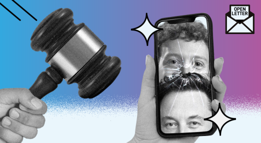 A judge's gavel is positioned on a phone featuring the faces of Mark Zuckerberg and Elon Musk. An envelope on the top-right corner saying 'open letter'.