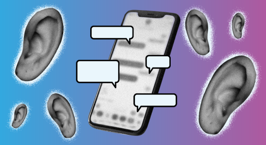 A digitally edited collage-style visual featuring a smartphone with blurred text messages on its screen. Around the phone, multiple black-and-white human ears are floating, symbolizing surveillance or eavesdropping. Speech bubbles appear on the phone's screen, emphasizing digital communication. The background transitions from blue to purple, creating a visually striking contrast that suggests themes of privacy, surveillance, and online monitoring