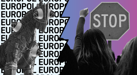 Visual showing on the left, a trojan horse packed with surveillance cameras in front of a background repeatedly spelling out “Europol” and on the right, a stop sign and people standing in protest.