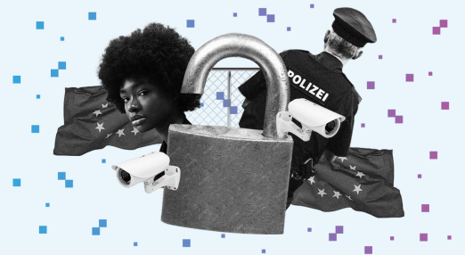 Collage. In the center an open lock with two CCTV attached to it. Behind on the left and right of the lock there are two people, one of them is wearing a police uniform. Both have EU flags flying behind them. In the background there is a gate. Spread over the background are blue/purple small squares of different size.