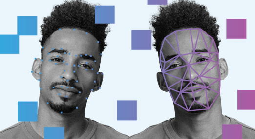 A split image of the same man, shown twice. On the left, his face is marked with small blue tracking points; on the right, it is overlaid with a purple facial recognition mesh.