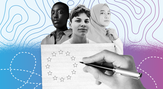 A collage featuring three young people set against a stylised blue and purple map-like background. In the foreground, a hand is drawing a circle of stars symbolising the European Union on a sheet of paper