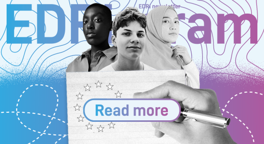 Collage-style image featuring three young people against a background with topographic lines and large faded text reading "EDRi-gram". Below, a hand is shown writing on a paper with EU stars, and a button-like graphic says “Read more” in gradient blue and purple tones.