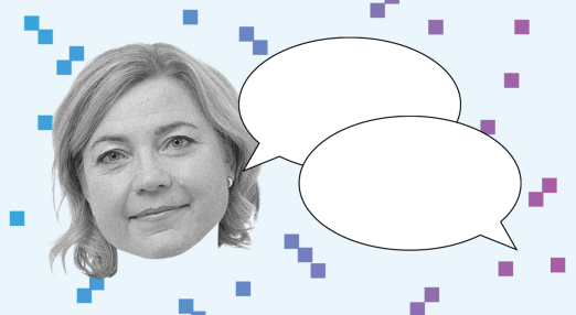 European Commission Vice-President Henna Virkkunen. Two speech bubbles, one originating from her and one from the viewer. Spread out in the background are small blue/purple squares.