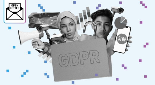 A background with pixels. In the centre, a collage featuring a folder that says GDPR. The folder is slightly open and popping outside of it are: a loudspeakers, CCTV cameras, a lock, barcharts and piecharts, a phone screen saying STOP. Text saying open letter in an envelope on the top left corner.