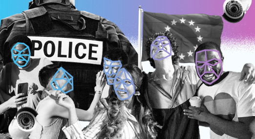 A digitally altered collage showing a group of young people smiling and taking selfies, with facial recognition patterns overlaid on their faces. Behind them stands a heavily-armoured police officer with 'POLICE' written on the back, a surveillance camera, and a flag resembling the Chinese flag. The background features a gradient of blue to pink. The image evokes themes of state surveillance, policing, and LGBTQ+ pride