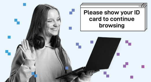 A smiling young woman wearing a hoodie and headphones around her neck holds a laptop and waves. On the screen, a pop-up window reads: "Please show your ID card to continue browsing".