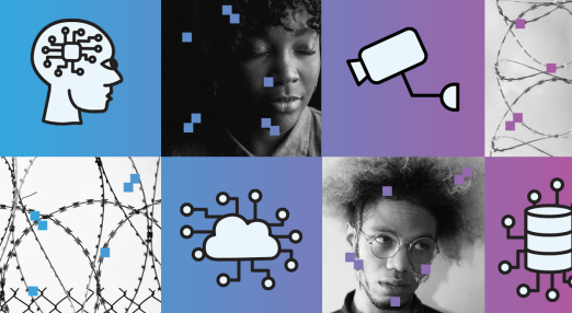 A collage of eight panels blending technology and human elements. Top row: a head with circuit lines symbolising AI on a blue background, a black woman with closed eyes overlaid with pixel squares, a surveillance camera icon on a purple background, and barbed wire with purple pixel squares. Bottom row: more barbed wire, a cloud computing icon on blue, a black man with glasses and afro hair overlaid with pixel squares, and a database icon on purple.
