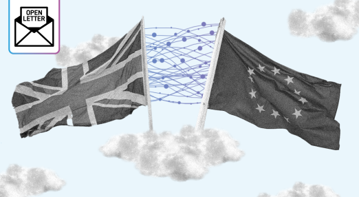 Illustration showing the UK and EU flags separated by clouds, with a digital network of interconnected nodes linking them. A label in the top left corner reads "Open Letter" with an envelope icon