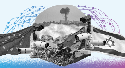A digitally collaged image showing scenes of destruction and surveillance. In the centre, a black-and-white photo of a bombed cityscape with smoke rising in the distance is surrounded by rubble and ruins. Multiple CCTV cameras flank the scene on either side, with the European Union flag to the left and the Israeli flag to the right.