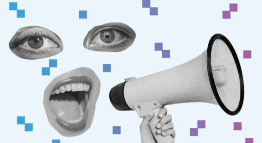 A surreal collage featuring two disembodied eyes, an open mouth mid-speech, and a hand holding a megaphone.