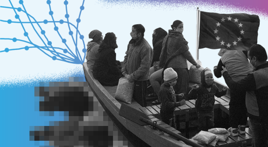 A group of migrants, including children and adults wearing masks, sit in a wooden boat. The boat is digitally edited to appear pixelated in the lower left corner, with abstract blue lines representing data or networks in the background. A flag resembling the European Union flag, but distorted, flies at the back of the boat.