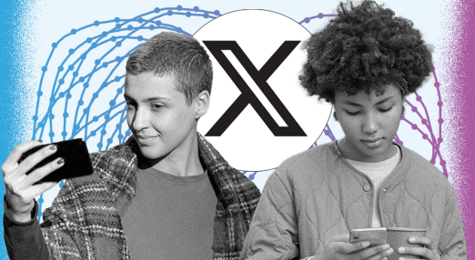 Two young women using smartphones are shown in front of a large "X" logo, symbolising the social media platform X (formerly Twitter). One woman with short hair is taking a selfie, while the other with curly hair is looking at her phone while holding a cup.