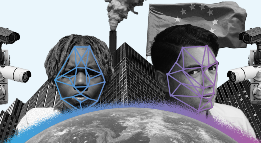 Collage-style illustration featuring two individuals with facial recognition grids overlayed on their faces, surrounded by surveillance cameras, corporate buildings, and a smoking factory chimney.