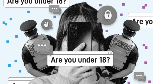 A woman holds a phone displaying the text, "Are you under 18?" in a questioning manner.