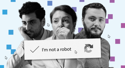 Three people look thoughtful or concerned, overlaid with a “I’m not a robot” CAPTCHA checkbox on a background of blue and purple squares.