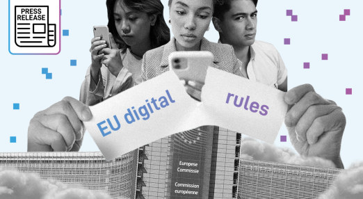 A collage-style image showing three people looking at their smartphones. In the foreground, two hands hold a torn paper that reads “EU digital rules”. Behind them is the European Commission building surrounded by clouds, with small blue and purple squares scattered across a light blue background.