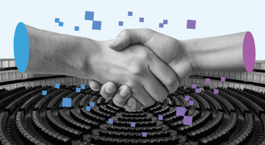 European Parliament building with binary arrows flowing across, symbolising digital trade flows and the need for oversight and data protection.