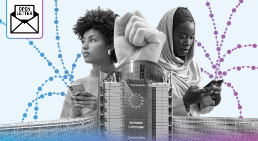 Collage showing two women using smartphones on either side of the European Commission building, with a raised fist above it. The background features connected dots in blue and purple and an icon labelled ‘Open Letter’ in the top left corner.