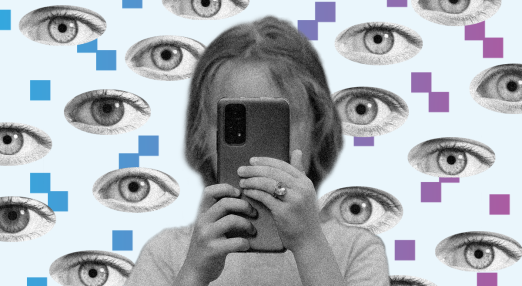 A stylised collage showing a child holding a smartphone in front of their face, obscuring their features. The background is filled with repeated black-and-white images of eyes