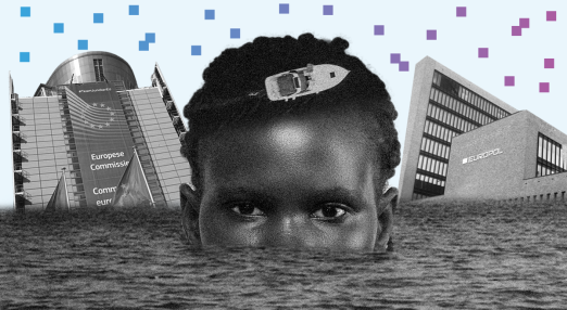 A collage showing the face of a woman emerging from a dark sea. A small boat sits on top of her head. On the left stands the European Commission building, and on the right the Europol headquarters.