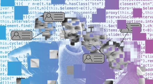 A family of four, whose faces and bodies are partially obscured by pixelation and coloured squares. Overlaid icons resembling ID cards point to each family member. Behind them, lines of computer code fill the background.