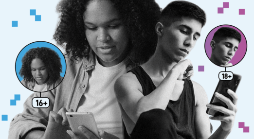 Two young people on their phones with age-verification screen